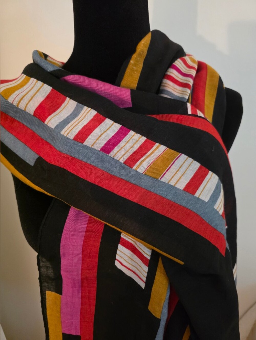 Multicolored Geometric Colorblock Scarf- Abstract Patchwork Pattern 22"×68" - Picture 2 of 9